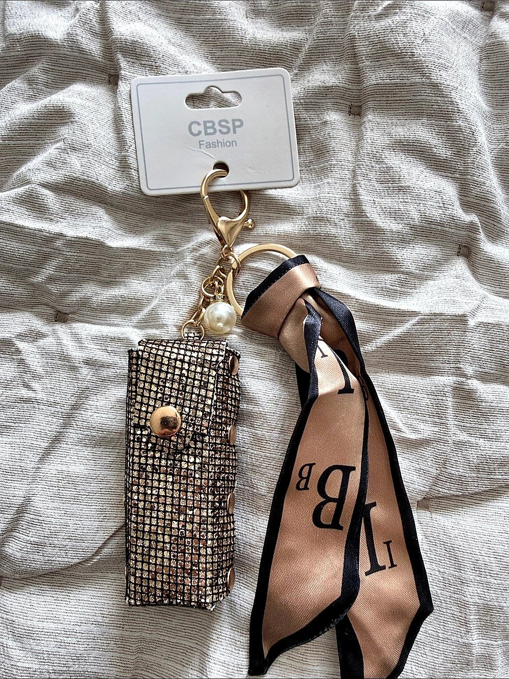 CBSP Fashion Keychain Lip Pouch with Scarf in Gold & Pink NWT
